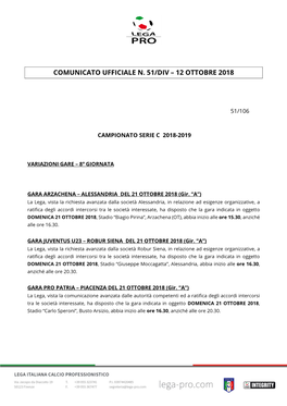 Comunicato Ufficiale N. 51/Div – 12 Ottobre 2018