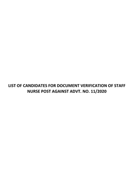 List of Candidates for Document Verification of Staff Nurse Post Against Advt. No. 11/2020