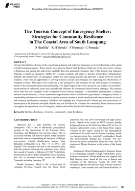 The Tourism Concept of Emergency Shelter: Strategies for Community Resilience in the Coastal Area of South Lampung D Hardilla1 K H Basuki1 F Rusmiati1 C Persada1*