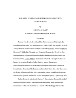 THE BIRTH of ART and GENIUS in ANDREI TARKOVSKY's ANDREI RUBLYOV by NATALIYA B. BRANT (Under the Direction of Katharina M. Wils