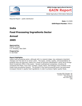 India Food Processing Ingredients Sector Annual 2005