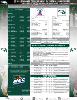 2016-17 Wagner College Men's Basketball Game Notes