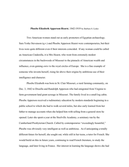 Phoebe Elizabeth Apperson Hearst, 1842-1919 by Barbara S. Lesko Two American Women Stand out As Early Promoters of Egyptian Arch