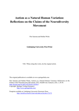 Autism As a Natural Human Variation: Reflections on the Claims of the Neurodiversity Movement