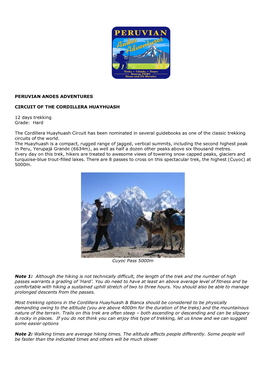 PERUVIAN ANDES ADVENTURES CIRCUIT of the CORDILLERA HUAYHUASH 12 Days Trekking Grade: Hard the Cordillera Huayhuash Circuit