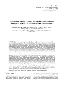 The Cuckoo Wrasse, Labrus Mixtus (Pisces: Labridae): Biological Indices for Life History and Conservation