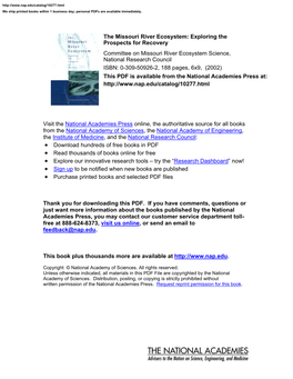 The Missouri River Ecosystem: Exploring the Prospects for Recovery Committee on Missouri River Ecosystem Science, National Research Council