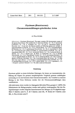 Erysimum (Brassicaceae): Chromosomenzählungen Griechischer Arten