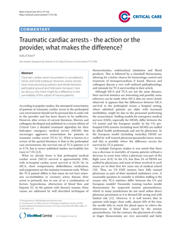 Traumatic Cardiac Arrests - the Action Or the Provider, What Makes the Diff Erence? Kelly R Klein*