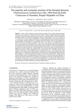 The Anatomy and Systematic Position of the Theropod Dinosaur Chilantaisaurus Tashuikouensis Hu, 1964 from the Early Cretaceous of Alanshan, People’S Republic of China