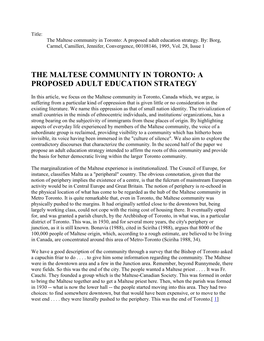 The Maltese Community in Toronto: a Proposed Adult Education Strategy