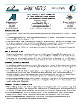 St. Louis Ambush Orlando Seawolves TONIGHT's GAME • Tonight's