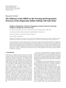 Research Article the Influence of the MRSP on the Freezing and Evaporation Processes of the Magnesium Sulfate Subtype Salt Lake Brine