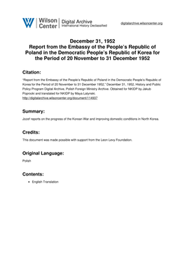 December 31, 1952 Report from the Embassy of the People's Republic