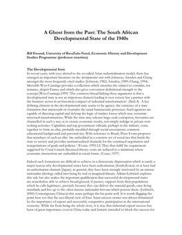 A Ghost from the Past: the South African Developmental State of the 1940S