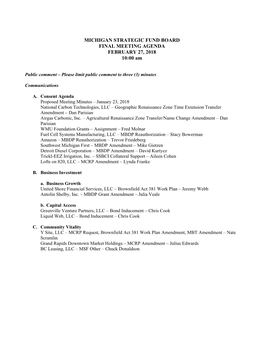 MICHIGAN STRATEGIC FUND BOARD FINAL MEETING AGENDA FEBRUARY 27, 2018 10:00 Am