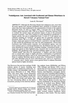 Nonindigenous Ants Associated with Geothermal and Human Disturbance in Hawai'i Volcanoes National Park!