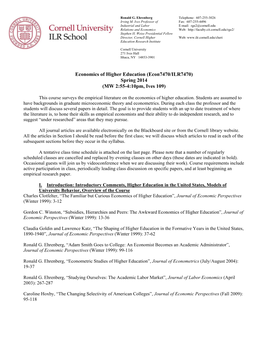 Economics of Higher Education (Econ7470/ILR7470) Spring 2014 (MW 2:55-4:10Pm, Ives 109)