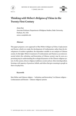 Thinking with Weber's Religion of China in the Twenty-First Century