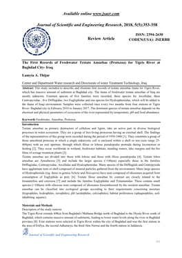 The First Records of Freshwater Testate Amoebae (Protozoa) for Tigris River at Baghdad City- Iraq