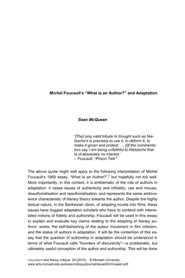 Michel Foucault's “What Is an Author?” and Adaptation Sean Mcqueen „[The] Only Valid Tribute to Thought Such As Nie