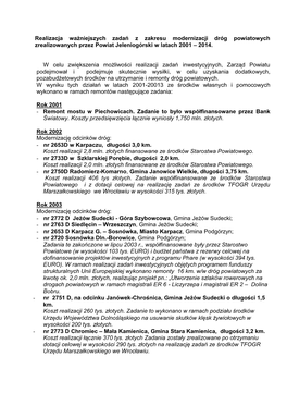Realizacja Ważniejszych Zadań Z Zakresu Modernizacji Dróg Powiatowych Zrealizowanych Przez Powiat Jeleniogórski W Latach 2001 – 2014