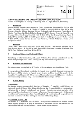 SHROPSHIRE RIDING and CARRIAGE DRIVING GROUPS (SRCDG) Minutes of Meeting Held on Monday 11Th February 2011, at 7.30Pm, Shirehall, Shrewsbury