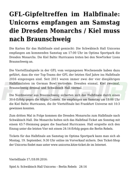 GFL-Gipfeltreffen Im Halbfinale: Unicorns Empfangen Am Samstag Die Dresden Monarchs / Kiel Muss Nach Braunschweig