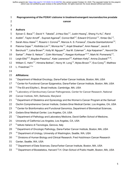 Reprogramming of the FOXA1 Cistrome in Treatment-Emergent Neuroendocrine Prostate 2 Cancer 3 4 Authors 5 Sylvan C