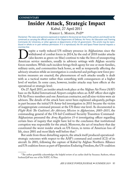 Insider Attack, Strategic Impact Kabul, 27 April 2011 Forrest L