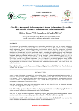 Joha Rice: an Aromatic Indigenous Rice of Assam, India Contains Flavanoids and Phenolic Substances and Shows Good Antioxidant Activities