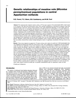 Genetic Relationships of Meadow Vole (Microtus Pennsylvanicus) Populations in Central Appalachian Wetlands