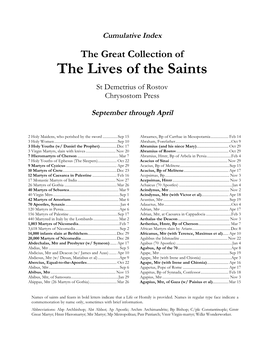 A Cumulative Index to the Great Collection of the Lives of the Saints