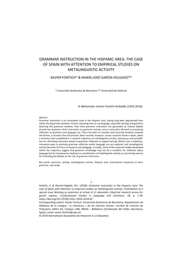 Grammar Instruction in the Hispanic Area: the Case of Spain with Attention to Empirical Studies on Metalinguistic Activity