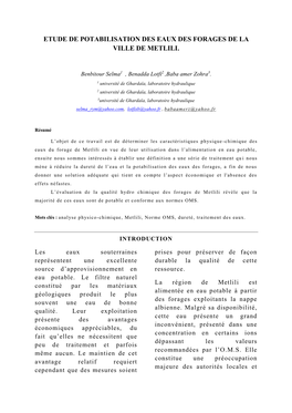 Etude De Potabilisation Des Eaux Des Forages De La Ville De Metlili