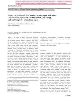 (Phyllocnistis Populiella) on the Growth, Physiology, and Leaf Longevity of Quaking Aspen