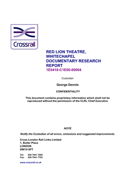 Red Lion Theatre, Whitechapel Documentary Research Report 1E0418-C1e00-00004
