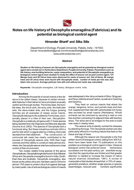 Notes on Life History of Oecophylla Smaragdina (Fabricius) and Its Potential As Biological Control Agent