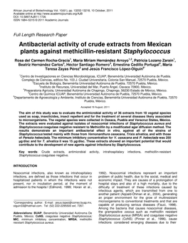 Antibacterial Activity of Crude Extracts from Mexican Plants Against Methicillin-Resistant Staphylococcus