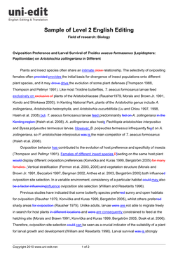 Sample of Level 2 English Editing Field of Research: Biology