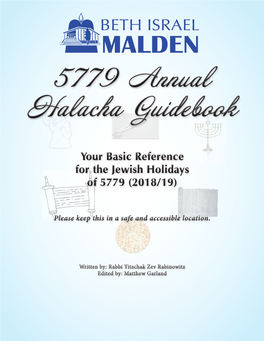 5779 Annual Halacha Guidebook Table of Contents the High Holidays