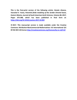 Potential Fields Modeling of the Serdán Oriental Basin, Eastern