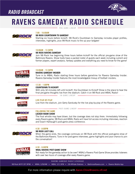 Ravens Gameday Radio Schedule Pre-Game Lineup