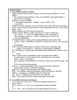 Video Formats A. List of Most Common Codecs MPEG (Moving Pictures Expert Group): Three Video Formats, MPEG 1, 2, and 4