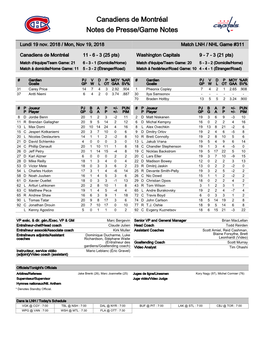 Canadiens De Montréal Notes De Presse/Game Notes