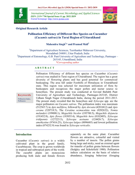 Pollination Efficiency of Different Bee Species on Cucumber (Cucumis Sativus) in Tarai Region of Uttarakhand