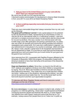 1. Had You Been to the United States Prior to Your Visit with the IVLP? Have You Returned Since Then? My Visit to the US with My ILVP Was the First Time