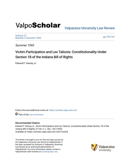 Victim Participation and Lex Talionis: Constitutionality Under Section 18 of the Indiana Bill of Rights