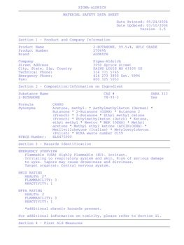 2-BUTANONE, 99.5+%, HPLC GRADE Product Number 270695 Brand ALDRICH