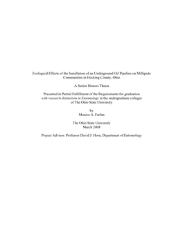 Ecological Effects of the Installation of an Underground Oil Pipeline on Millipede Communities in Hocking County, Ohio